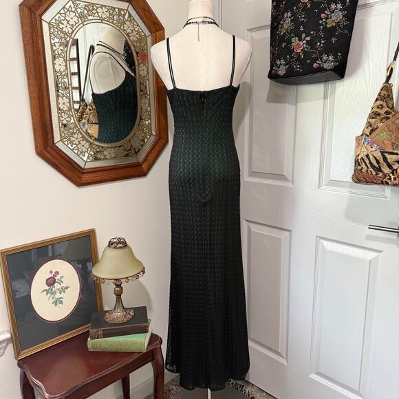VTG Y2K Cache Dark Green & Black Mesh Crochet Beaded Formal Maxi Dress 2/XS - Picture 4 of 7